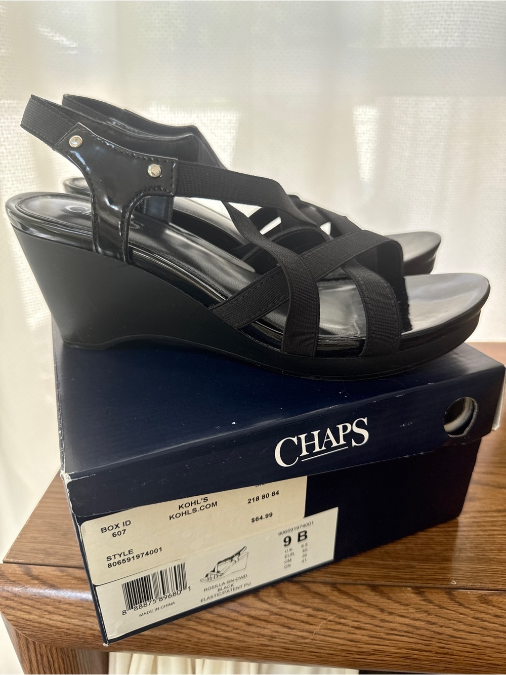 Chaps Black Strappy Elastic Wedge Sandals